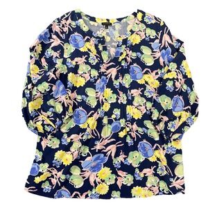 Talbots Womens L Tunic Top Blouse Blue/Pink/Yellow Balloon Slv Grannycore Pleats
